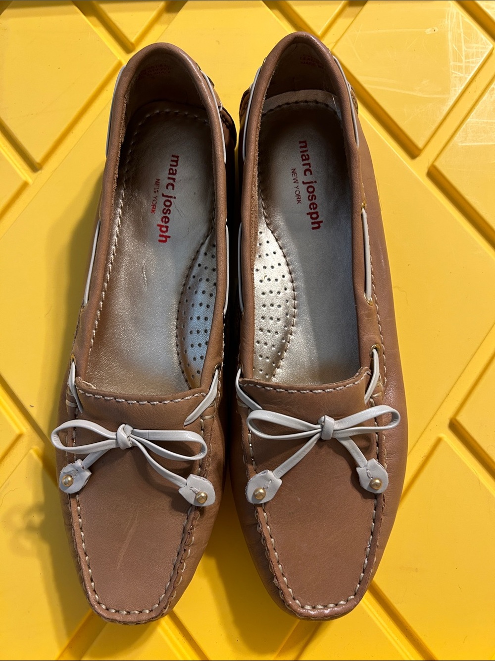 Marc Joseph Tan Leather Driving Loafers with White Bow Accents
